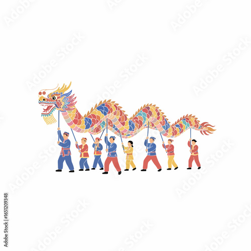Colorful Dragon Dance Costume Multi-Person Parade Traditional Asian Festival Scaled Body Waving Motion.