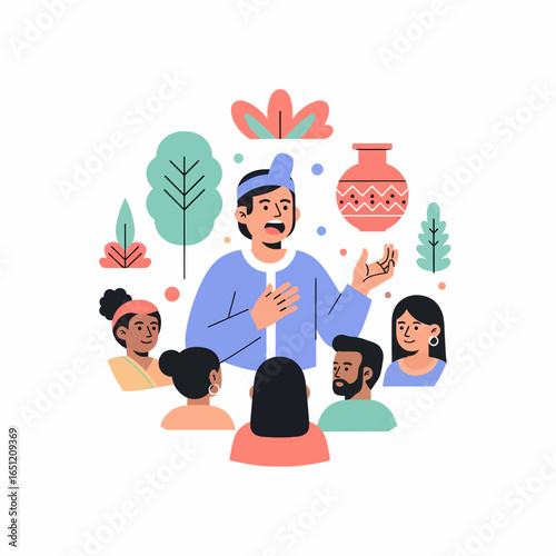 A male storyteller in traditional blue attire captivating a diverse audience with a tale.