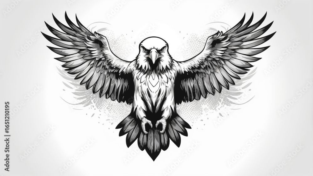 Obraz premium Black and white eagle tattoo vector design with wide wings spread in isolated white background.