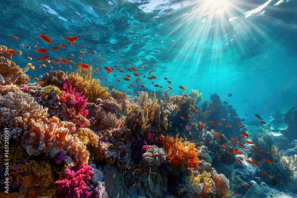 Fototapeta premium Colorful coral reef with tropical fish swimming under sunlit ocean surface in vibrant underwater marine ecosystem