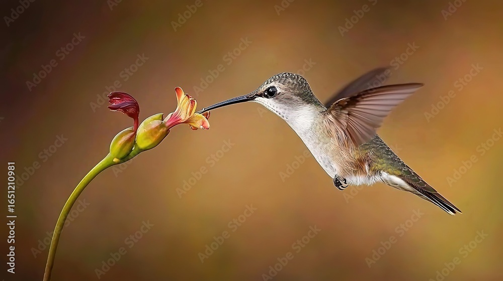 Fototapeta premium Purple-Bellied Hummingbird Feeding on Heliconia Bihai Flowers in Galapagos with Natural Light Low-Angle View