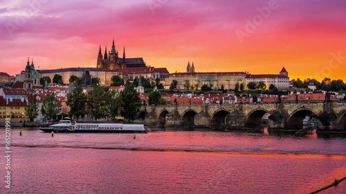 Panoramic view of prague castle and charles bridge at sunset in czech republic