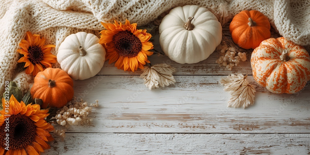 Fototapeta premium Colorful autumn scene with pumpkins, sunflowers, and blanket on white wooden background. Concept for thanksgiving decor, seasonal wallpaper and fall celebration