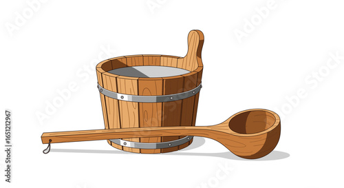Wooden bucket and ladle for sauna or spa with water and copy space