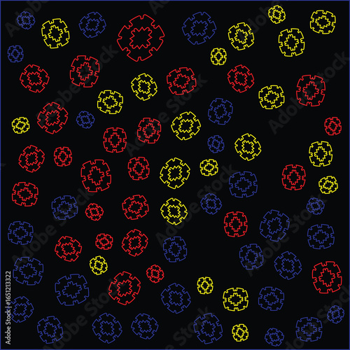 Abstract geometric pattern of glowing spheres in red yellow and blue