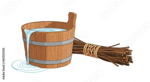 Traditional wooden bucket full of water with birch branches for sauna relaxation