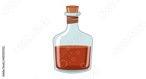 Glass potion bottle filled with red liquid and bubbles sealed with cork