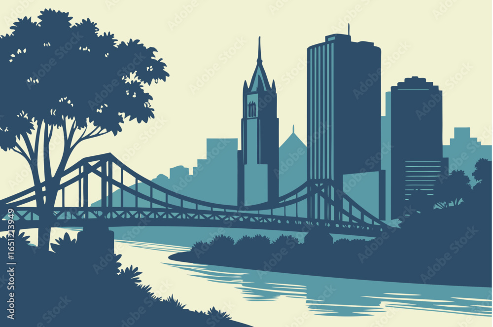 Naklejka premium Pittsburgh skyline at twilight with the Allegheny River still and reflective, framed by bridges and evening sky gradients, modern flat illustration style.