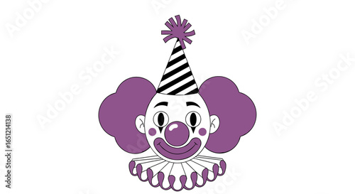 Funny face clown with big purple hair and polka dot hat