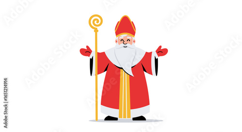 Saint nicholas character in red robes holding golden staff with outstretched arms welcoming children