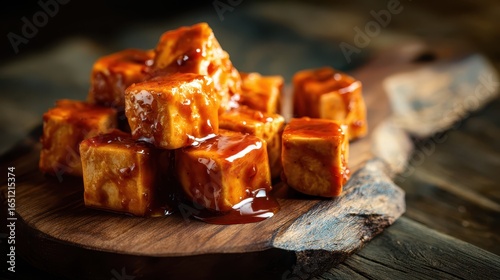Delicious caramel fudge caramelized sugar cubes coated in rich sticky caramel sauce served on rustic wooden surface