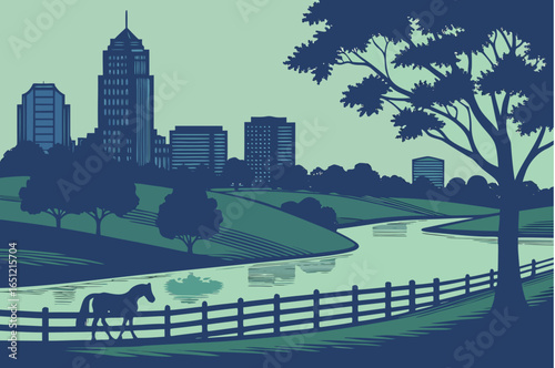 Lexington skyline at twilight with a quiet lake still and reflective, framed by horse pastures and evening sky gradients, modern flat illustration style.