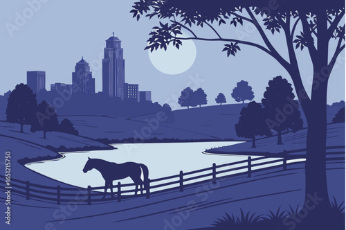 Lexington skyline at twilight with a quiet lake still and reflective, framed by horse pastures and evening sky gradients, modern flat illustration style.
