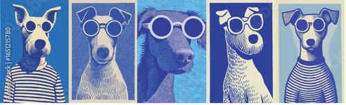 Blue illustration of cool dogs wearing summer sunglasses