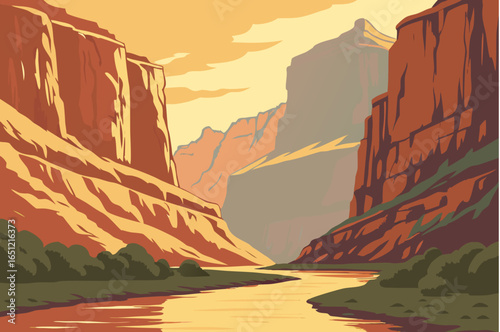Majestic canyon river winding between cliffs, blending exploration and breathtaking views, modern flat illustration style.