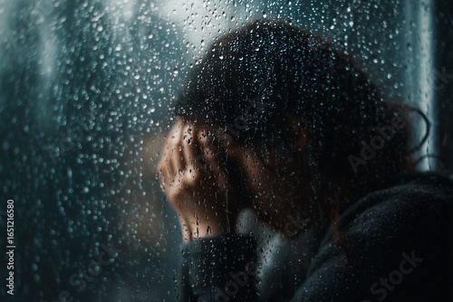 Person covering face in despair near a rainy window, concept for mental health awareness, emotional support and seasonal depression