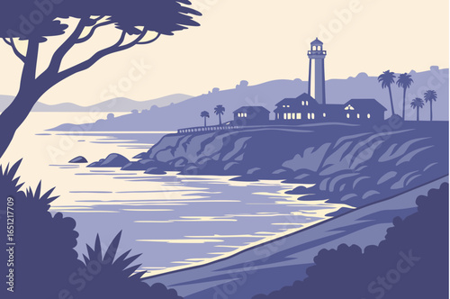 Monterey skyline at twilight with Monterey Bay still and reflective, framed by cliffs and evening sky gradients, modern flat illustration style.