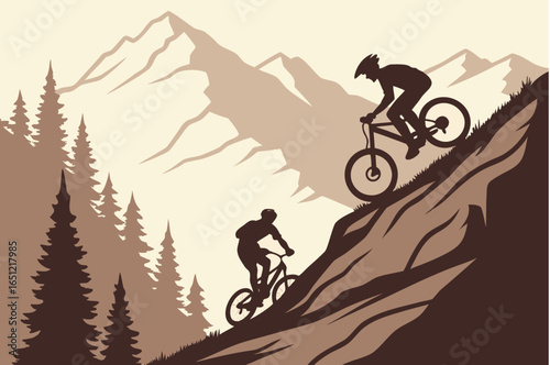 Mountain bikers riding along cliffside trails, great for extreme sports promotions