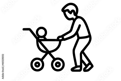 Parent Pushing Stroller with Baby Outline Icon
