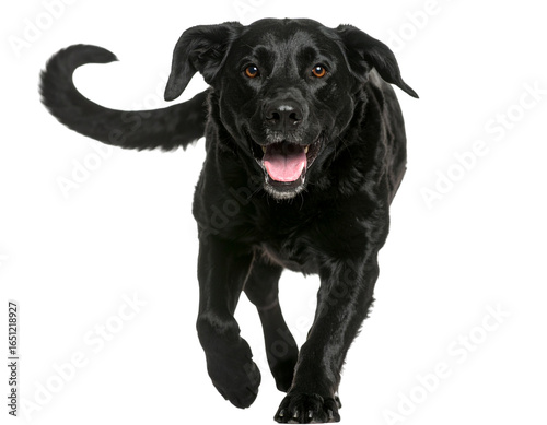 Black Dog Walking Toward Camera, Front Perspective, Tail Wagging, Isolated