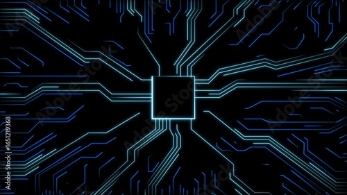 animated glowing blue line circuit board move towards the center. animation footage video isolated on black background.