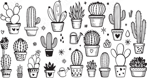 A hand-drawn black and white illustration of various potted cactus and succulent plants, including a large saguaro, barrel cactus, and others, some placed in decorative pots and with a small watering 