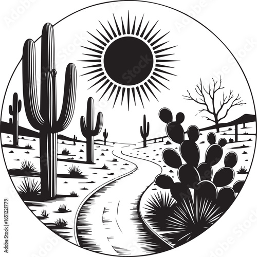 A stylized black and white illustration depicting a serene desert landscape with a winding road, towering saguaro cacti, and a blazing sun, all in a classic woodcut or engraving art style.