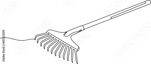 Black and White Line Drawing of Garden Rake Tool, Minimalist Vector Illustration for Landscaping, Yard Cleanup, Gardening Equipment, and Outdoor Tools