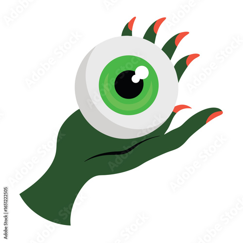 Creepy eye in a pale hand with green iris a spooky halloween illustration