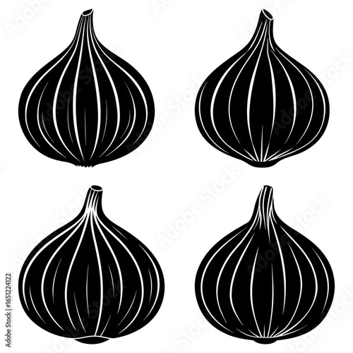 Four stylized black and white fig fruits arranged in a square pattern on white background