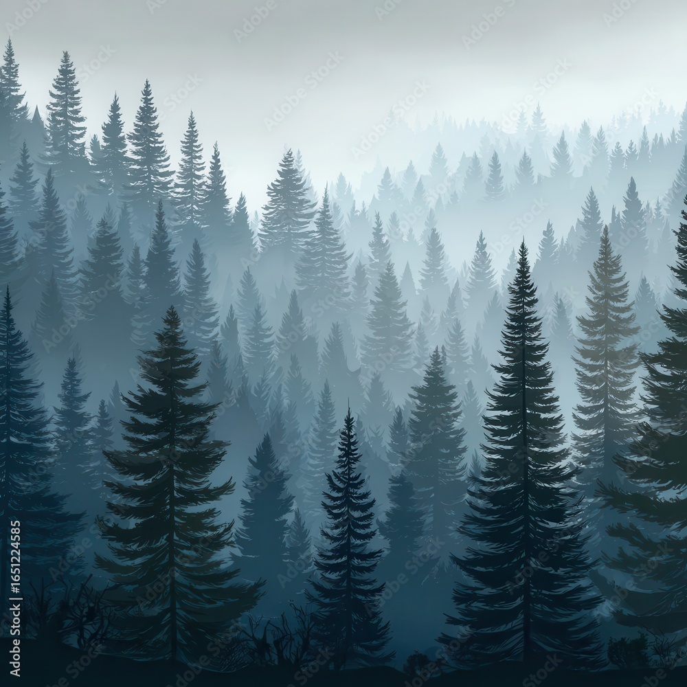 Fototapeta premium Misty evergreen forest scene.
