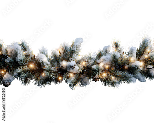  Snow-Dusted Christmas Garland with Warm Fairy Lights, Isolated on Transparent Background PNG.
