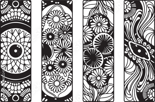 A collection of four ornate, black and white bookmarks featuring intricate and abstract patterns, including floral designs, mandalas, and stylized decorative elements