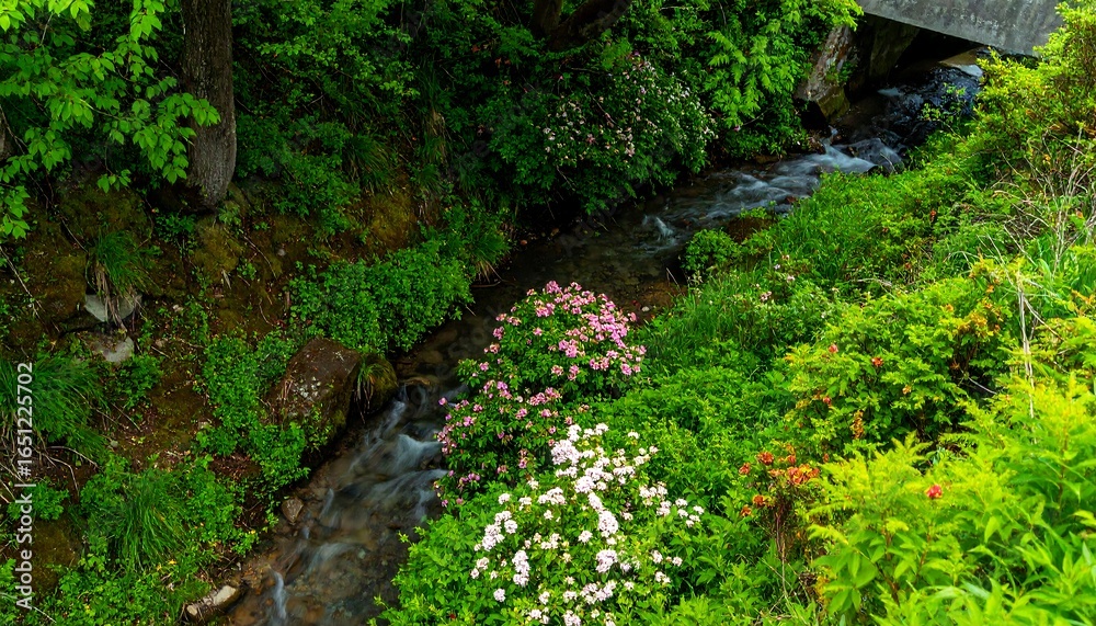 Fototapeta premium Creek flows through lush forest