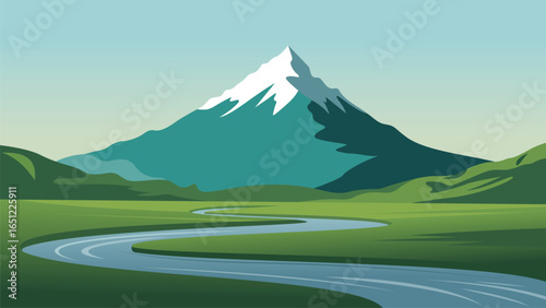 A minimalistic vector illustration of a mountain landscape with layered silhouettes. 