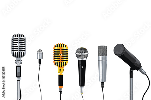 Vector Cartoon Set of Microphone Illustrations. Different Types for Studio, Stage, Conference and other.