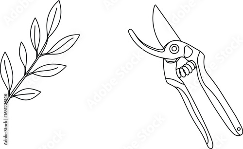 Pruning Shears Cutting Branch with Leaves, Minimal Line Art for Gardening, Plant Care, Landscaping Tools, Eco-friendly Farming and Nature