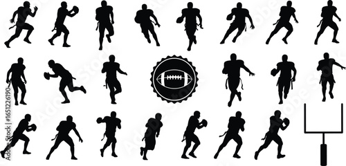 American football player silhouettes vector set, quarterback, receiver, running back, goal post and ball icon for sports design, team training and game graphics