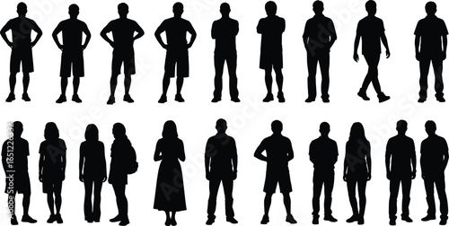 Collection of male and female standing silhouettes, people in casual outfits and natural poses, ideal for profile design, infographic, or creative project use