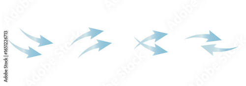 Air flow. Set of blue arrows showing direction of air movement. Wind direction arrows. Blue cold fresh stream from the conditioner. Vector illustration isolated on transparent background.