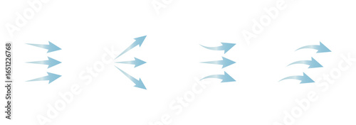 Air flow. Set of blue arrows showing direction of air movement. Wind direction arrows. Blue cold fresh stream from the conditioner. Vector illustration isolated on transparent background.