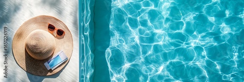 A relaxing summer scene featuring a large straw hat, sunglasses, and a smartphone beside a sparkling pool. Perfect for header or newsletter banner.
