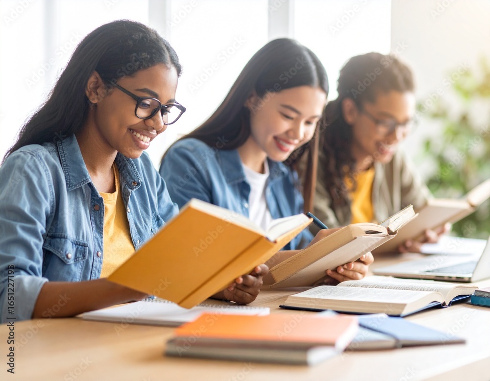 group of diverse girls studying with textbooks at school desk group of diverse girls studying with textbooks at school desk