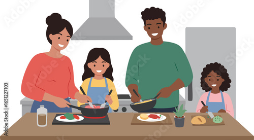 Happy Diverse Family Cooking Together at Home