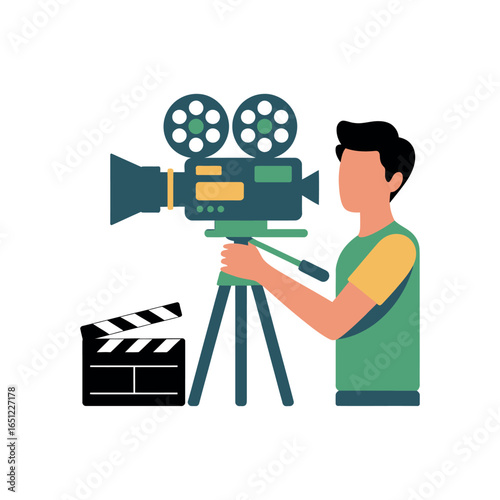 Man operating vintage film camera with clapperboard movie video