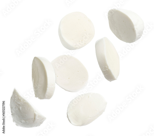 Fotografija Mozzarella cheese pieces flying against white background