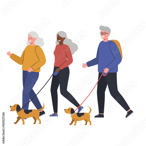 Active Seniors Walking Dogs Together in a Park