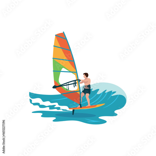 Man windsurfing on orange yellow green sail and blue waves water sport ocean