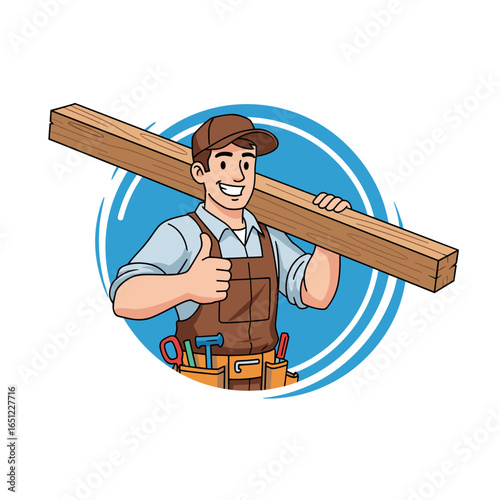 Skilled carpenter professionally carries timber showing thumb up approval for construction work
