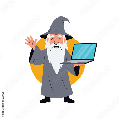 Enchanting wizard with laptop symbolizing technological sorcery and digital innovation